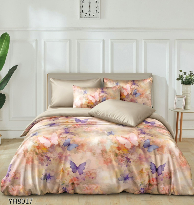 Lenjerii De Pat Din Satin Premium 4 Piese Cu Elastic - Bej Inchis Cu Flori Si Fluturi [1]