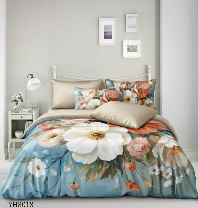 Lenjerii De Pat Din Satin Premium 4 Piese Cu Elastic - Bej Inchis Cu Flori [1]