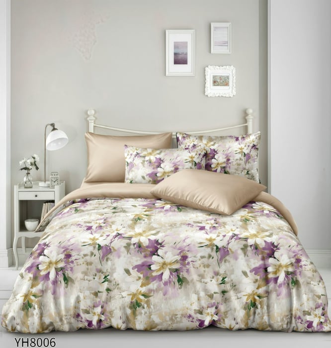 Lenjerii De Pat Din Satin Premium 4 Piese Cu Elastic - Bej Inchis Cu Floricele [1]