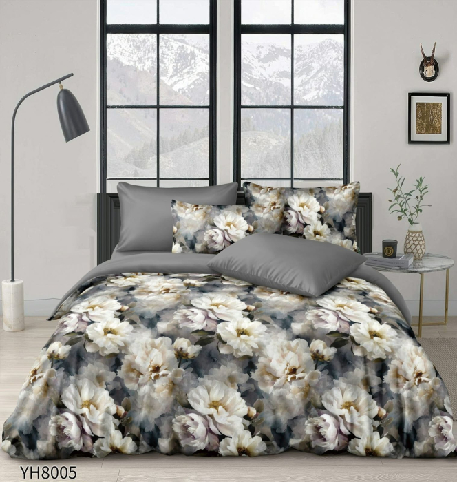 Lenjerii De Pat Din Satin Premium 4 Piese Cu Elastic - Gri Antracit Cu Flori [1]