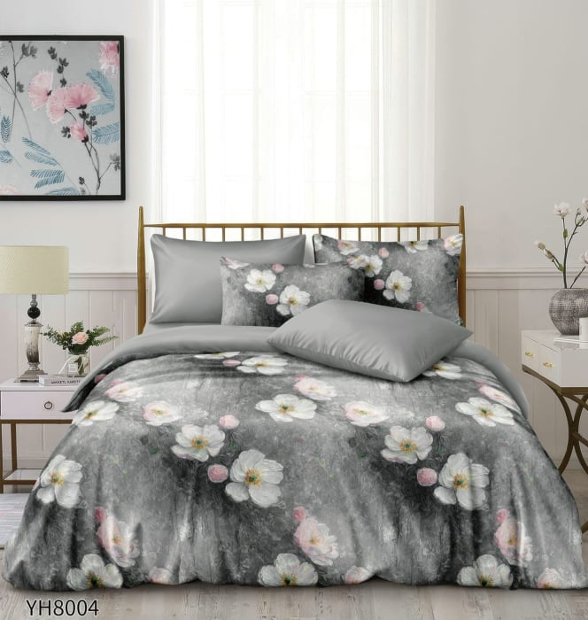 Lenjerii De Pat Din Satin Premium 4 Piese Cu Elastic - Gri Cenusiu Cu Flori [1]