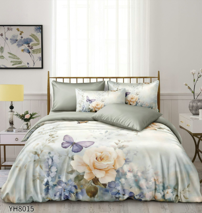 Lenjerii De Pat Din Satin Premium 4 Piese Cu Elastic - Gri Cu Flori Si Fluturi [1]