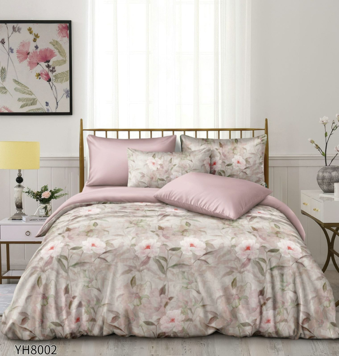 Lenjerii De Pat Din Satin Premium 4 Piese Cu Elastic - Roz Cu Flori [1]