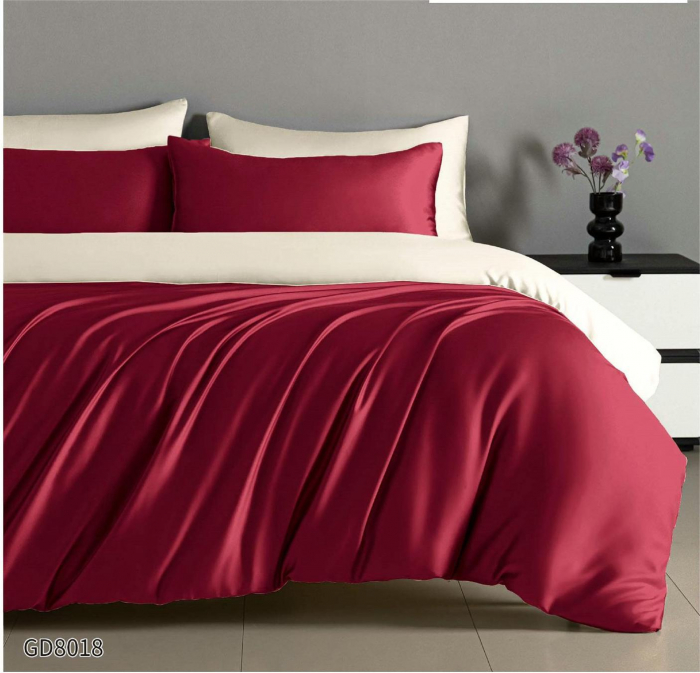 Lenjerii De Pat Din Satin Premium Cu Elastic - Bordo Si Crem [1]