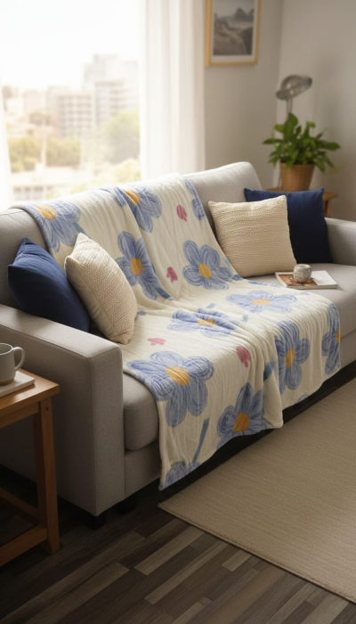 Patura Cocolino Grosime Medie 200x230cm - Alb Cu Flori Albastre [2]