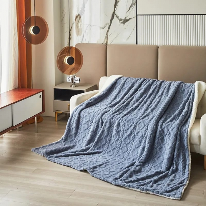 Patura Cocolino Imprimeu Tip Tricotat Cu Blanita Si Fermoar - Albastru [6]