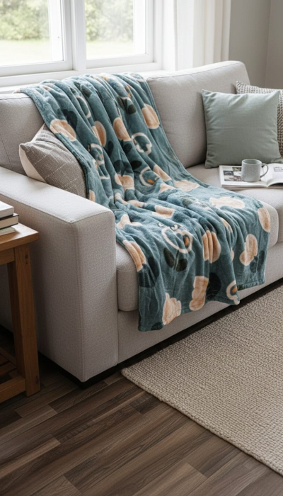 Patura Cocolino Subtire 200x230cm - Turcoaz Inchis Cu Flori [2]