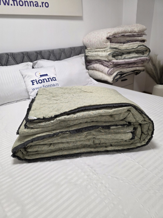 Pilota cu Banda Decorativa 200x230cm - Verde cu Flori si Franjuri [2]