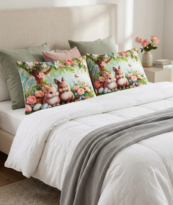 Set 2 Fete De Perna Decorative 3D 50x70cm Din Catifea + Microfibra - Design Paste Iepurasi Si Floricele [2]