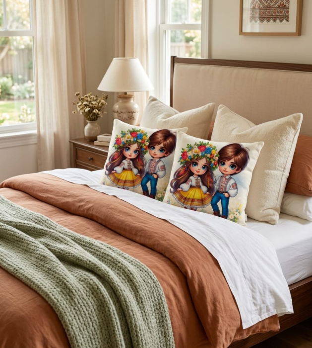 Set 2 Pernute Decorative 3D 45x45cm Din Catifea + Microfibra - Model Traditional Copii La Serbare [2]