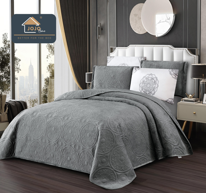 Set Cuvertura Din Catifea Cu Imprimeu In Relief 5 Piese - Gri [1]