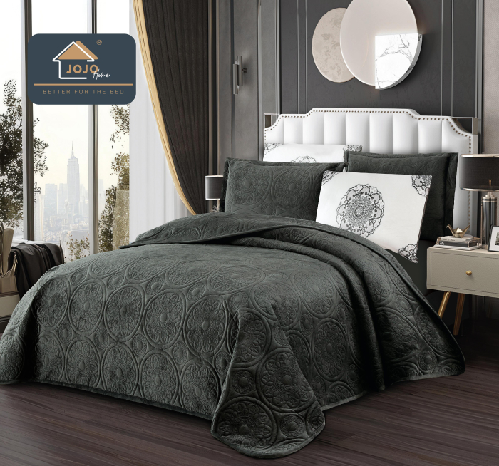 Set Cuvertura Din Catifea Cu Imprimeu In Relief 5 Piese - Gri Antracit [1]
