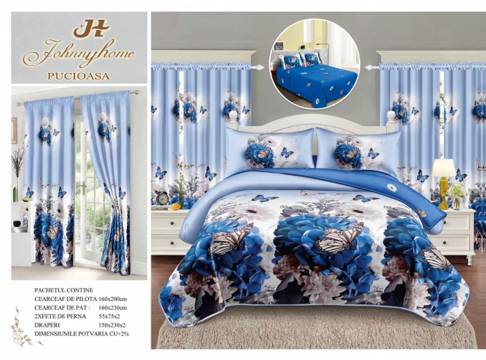 Set Lenjerie Si Draperii Bumbac Tip Finet 1 Perosana - Flori Si Fluturi [1]