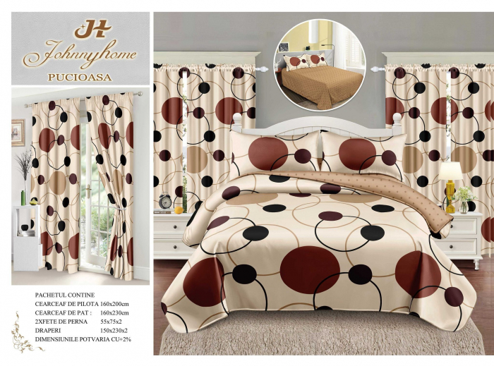 Set Lenjerie Si Draperii Bumbac Tip Finet 1 Persoana - Bej Cu Cercuri [1]