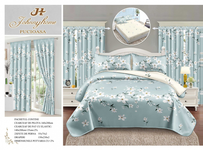 Set Lenjerie Si Draperii Bumbac Tip Finet 1 Persoana Cu Elastic - Azur Floral [1]