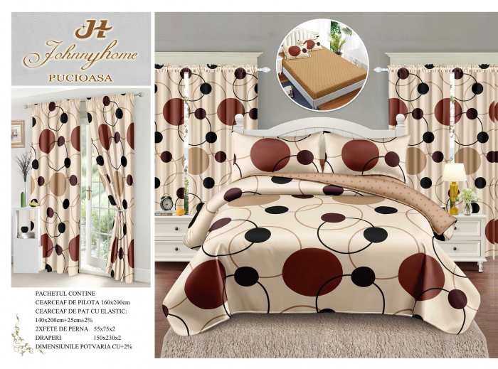 Set Lenjerie Si Draperii  Bumbac Tip Finet 1 Persoana Cu Elastic - Bej Cercuri [1]