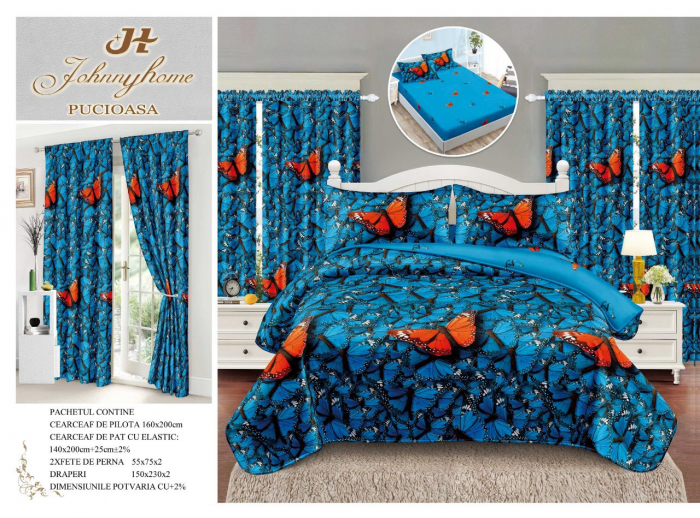 Set Lenjerie Si Draperii Bumbac Tip Finet 1 Persoana Cu Elastic - Dansul Fluturilor [1]
