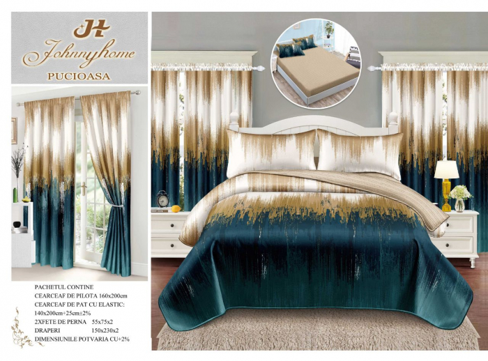 Set Lenjerie Si Draperii Bumbac Tip Finet 1 Persoana Cu Elastic - Degrade Albastru Auriu [1]