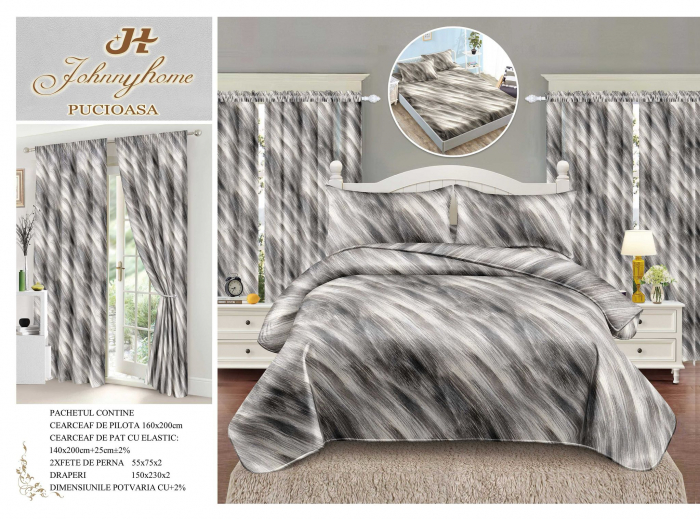 Set Lenjerie Si Draperii Bumbac Tip Finet 1 Persoana Cu Elastic - Gri Abstract [1]