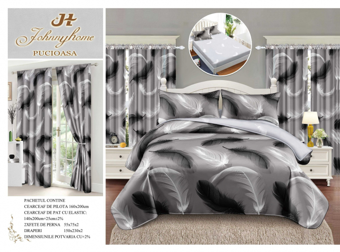 Set Lenjerie Si Draperii Bumbac Tip Finet 1 Persoana Cu Elastic - Gri Cu Pene [1]