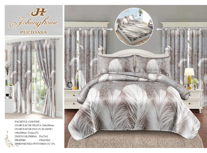 Set Lenjerie Si Draperii Bumbac Tip Finet 1 Persoana Cu Elastic - Gri Cu Pene [1]