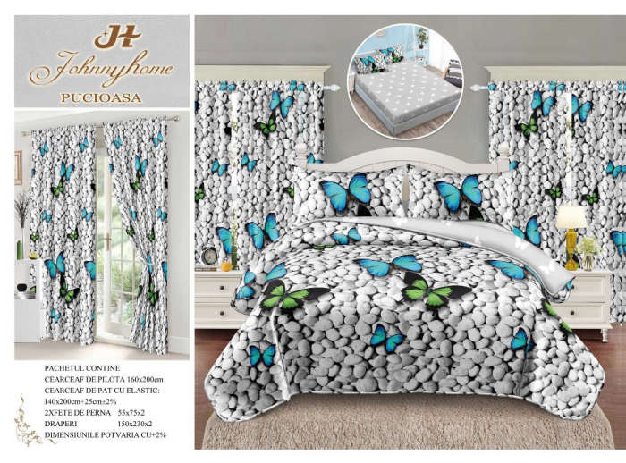 Set Lenjerie Si Draperii Bumbac Tip Finet 1 Persoana Cu Elastic - Pietre Si Fluturi [1]