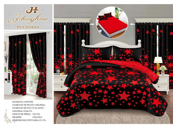 Set Lenjerie Si Draperii Bumbac Tip Finet 1 Persoana Cu Elastic - Negru Stelar [1]