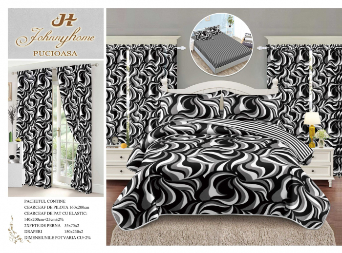 Set Lenjerie Si Draperii Bumbac Tip Finet 1 Persoana Cu Elastic - Zebra [1]