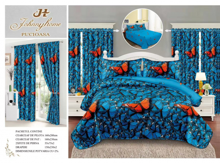 Set Lenjerie Si Draperii  Bumbac Tip Finet 1 Persoana - Dansul Fluturilor [1]