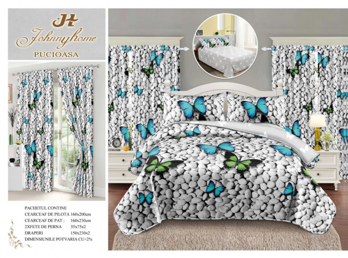 Set Lenjerie Si Draperii Bumbac Tip Finet 1 Persoana - Pietre Si Fluturi [1]