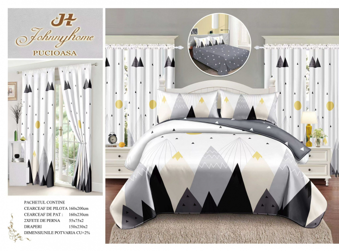 Set Lenjerie Si Draperii Bumbac Tip Finet 1 Persoana - Triunghiur Alb Si Gri [1]