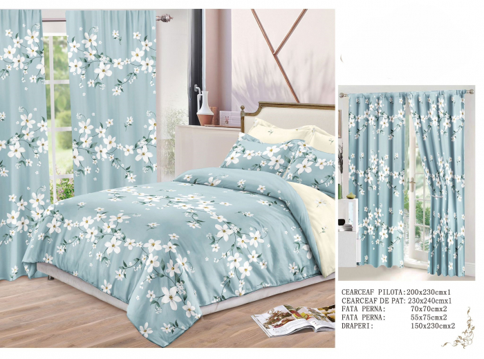 Set Lenjerie Si Draperii  Bumbac Tip Finet - Azur Floral [2]