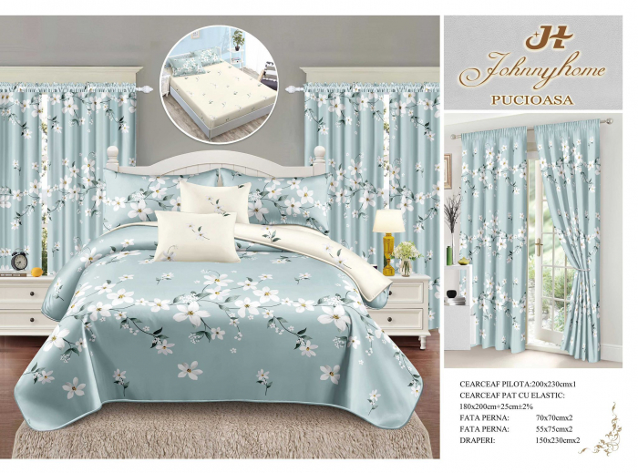 Set Lenjerie Si Draperii Bumbac Tip Finet Cu Elastic - Azur Floral [1]