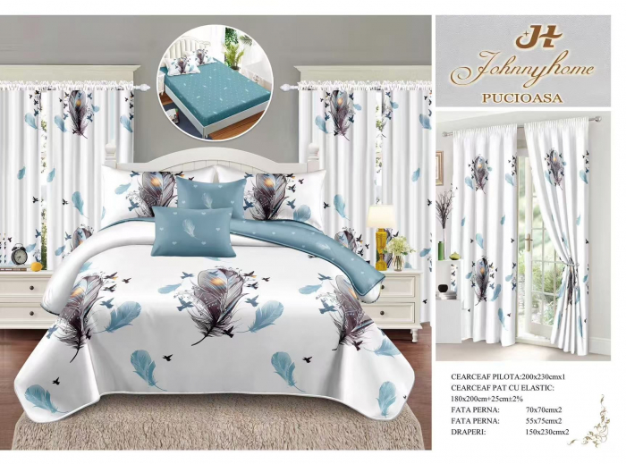 Set Lenjerie Si Draperii Bumbac Tip Finet Cu Elastic - Pene Si Pasarele [1]