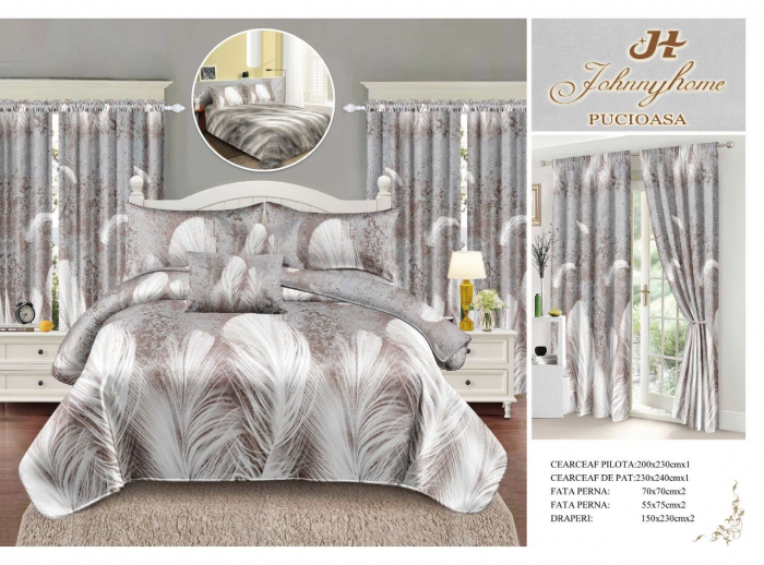 Set Lenjerie Si Draperii  Bumbac Tip Finet - Gri Cu Pene [1]