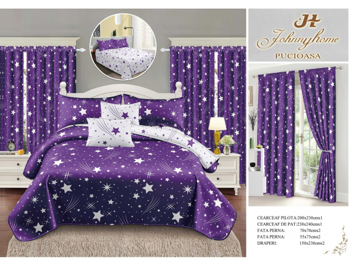 Set Lenjerie Si Draperii  Bumbac Tip Finet - Mov Stelar [1]