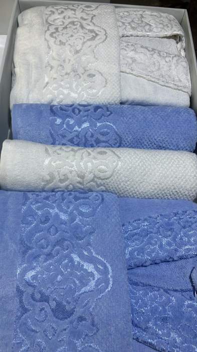 Set LUX 6 piese - 2 Halate si 4 Prosoape Bumbac 100% - Albastru Si Alb [2]