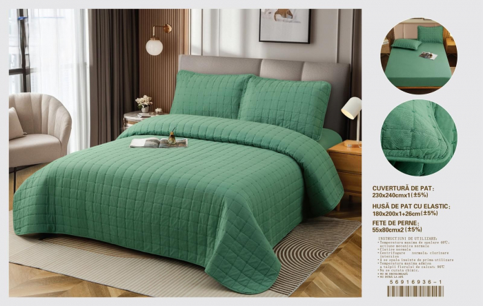 Set Premium Cuvertura 4 Piese Si Cearceaf De Pat Cu Elastic - Verde [1]