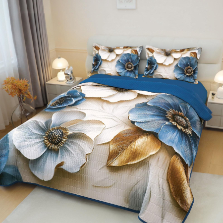 Cuvertura 3 Piese 5D - Flori De Portelan Pe Bleumarin CUVERTURI - Cuvertura 3 Piese 5D - Flori De Portelan Pe Bleumarin