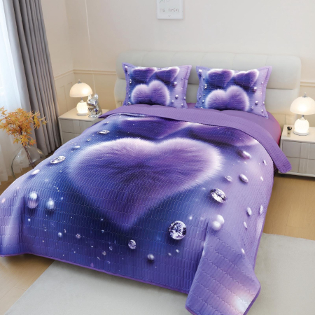 Cuvertura 3 Piese 5D - Inima De Catifea Mov CUVERTURI - Cuvertura 3 Piese 5D - Inima De Catifea Mov