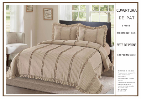 CUVERTURI - Cuvertura 3 Piese Uni Cu Volanas Bumbac Matlasat - Bej Cacao Cu Lapte