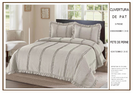Cuverturi 3 Piese - Cuvertura 3 Piese Uni Cu Volanas Bumbac Matlasat - Gri Deschis