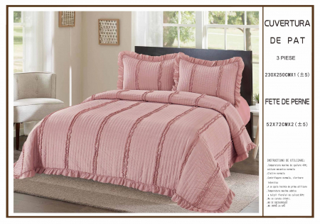 Cuverturi 3 Piese - Cuvertura 3 Piese Uni Cu Volanas Bumbac Matlasat - Roz