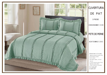 Cuverturi 3 Piese - Cuvertura 3 Piese Uni Cu Volanas Bumbac Matlasat - Verde