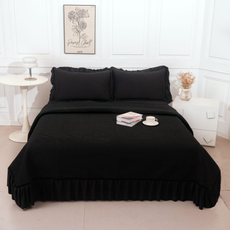 Cuverturi Catifea - Cuvertura Catifea 3 Piese Cu Volanase - Negru