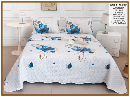 CUVERTURI - Cuvertura Din Bumbac Matlasat Cu Doua Fete - Alb Cu Flori Albastru Cerneala