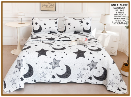CUVERTURI - Cuvertura Din Bumbac Matlasat Cu Doua Fete - Alb Cu Luna Si Stele