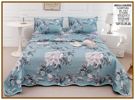CUVERTURI - Cuvertura Din Bumbac Matlasat Cu Doua Fete - Albastru Prafuit Cu Flori