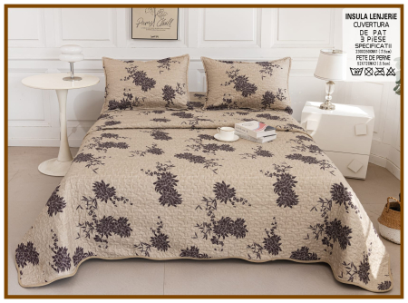 CUVERTURI - Cuvertura Din Bumbac Matlasat Cu Doua Fete - Bej Cacao Cu Lapte Floral