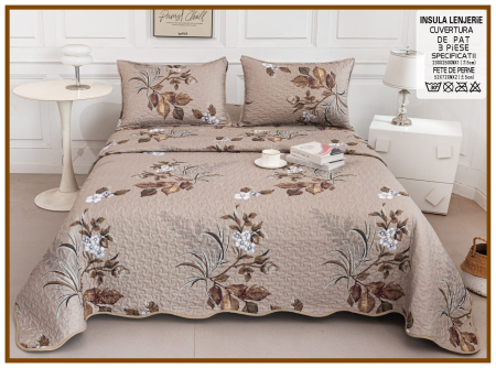 CUVERTURI - Cuvertura Din Bumbac Matlasat Cu Doua Fete - Bej Cacao Cu Lapte Si Flori